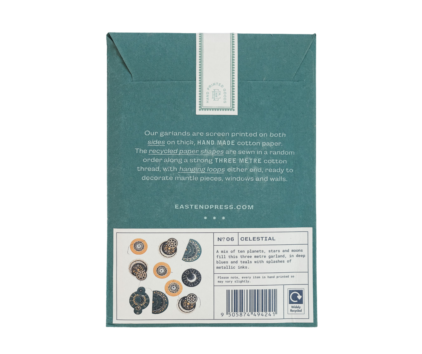 Forget Me Not and Green celestial sewn garland packaging detail