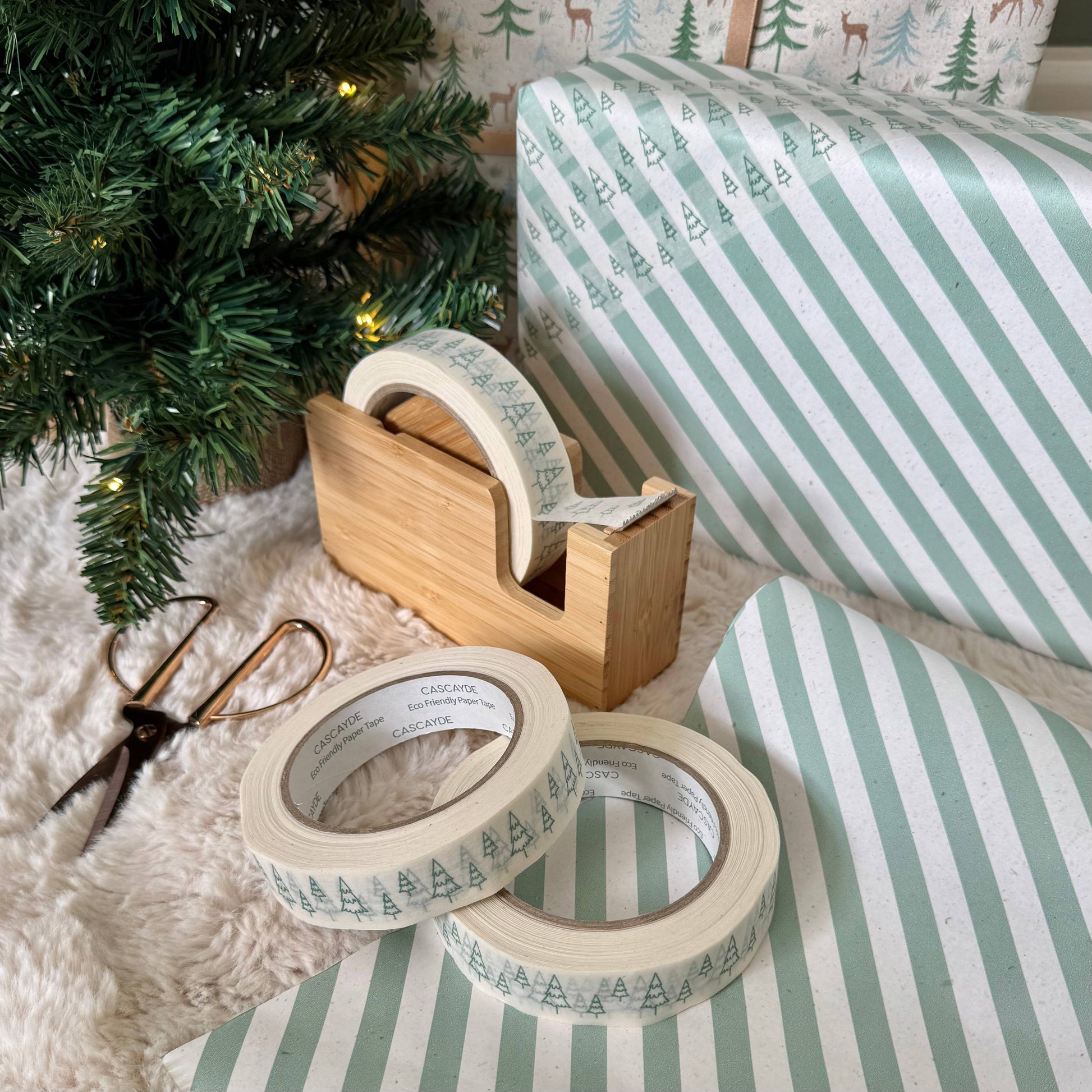 Green Christmas Tree Paper Tape on white kraft, 24mm x 50m, vegan ink, plant-based adhesive, plastic-free recyclable gift wrap tape