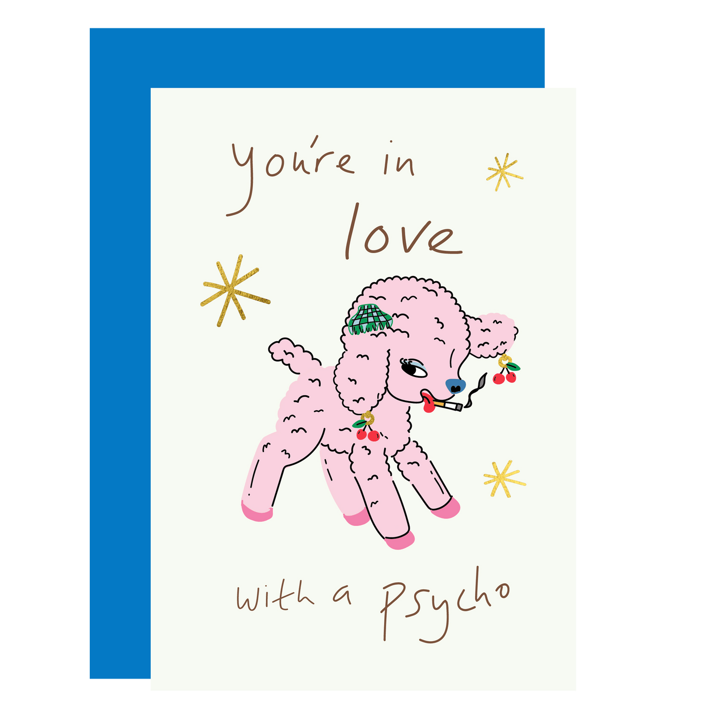 Psycho in Love Gold Foil Valentine's Day Card with Lamb Illustration