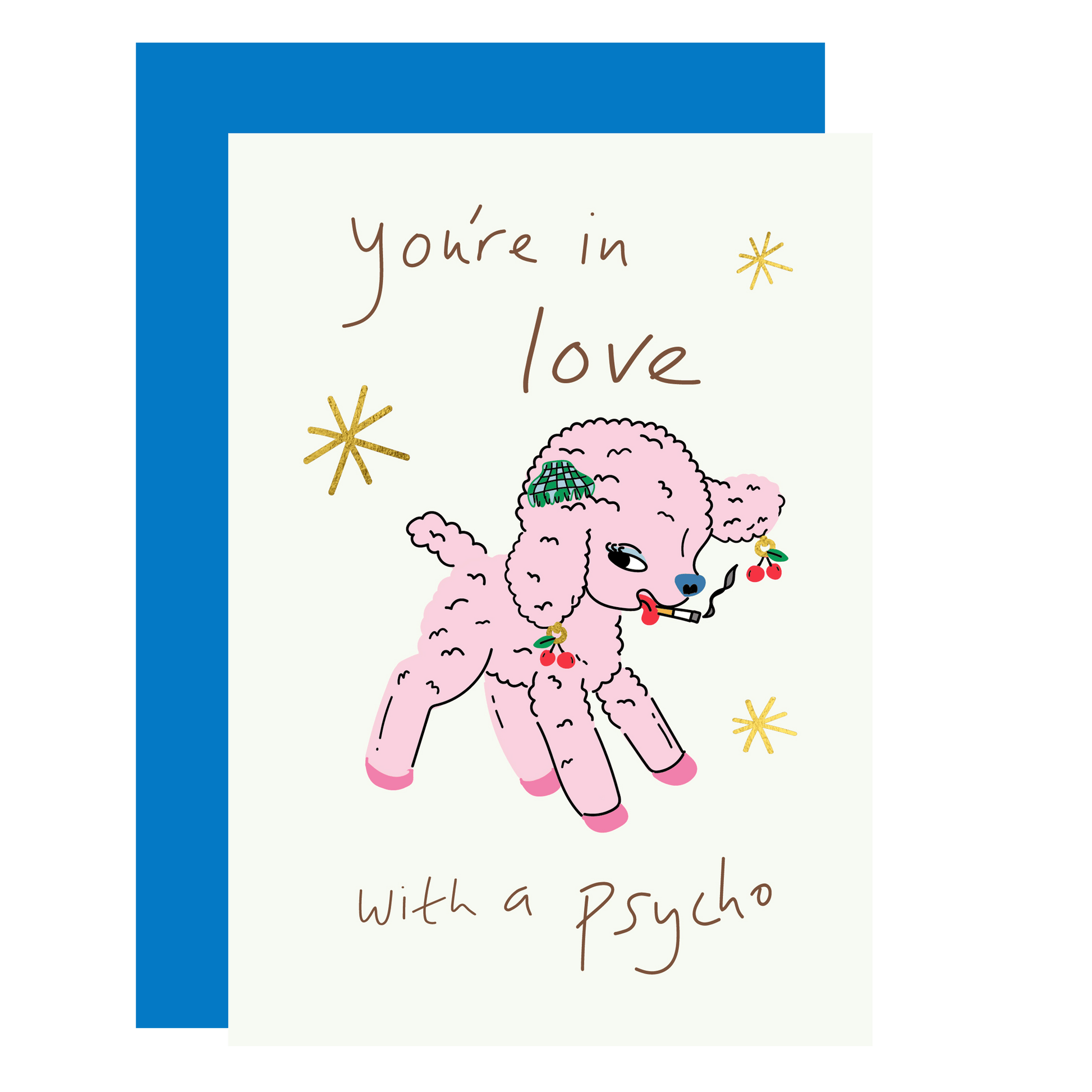 Psycho in Love Gold Foil Valentine's Day Card with Lamb Illustration