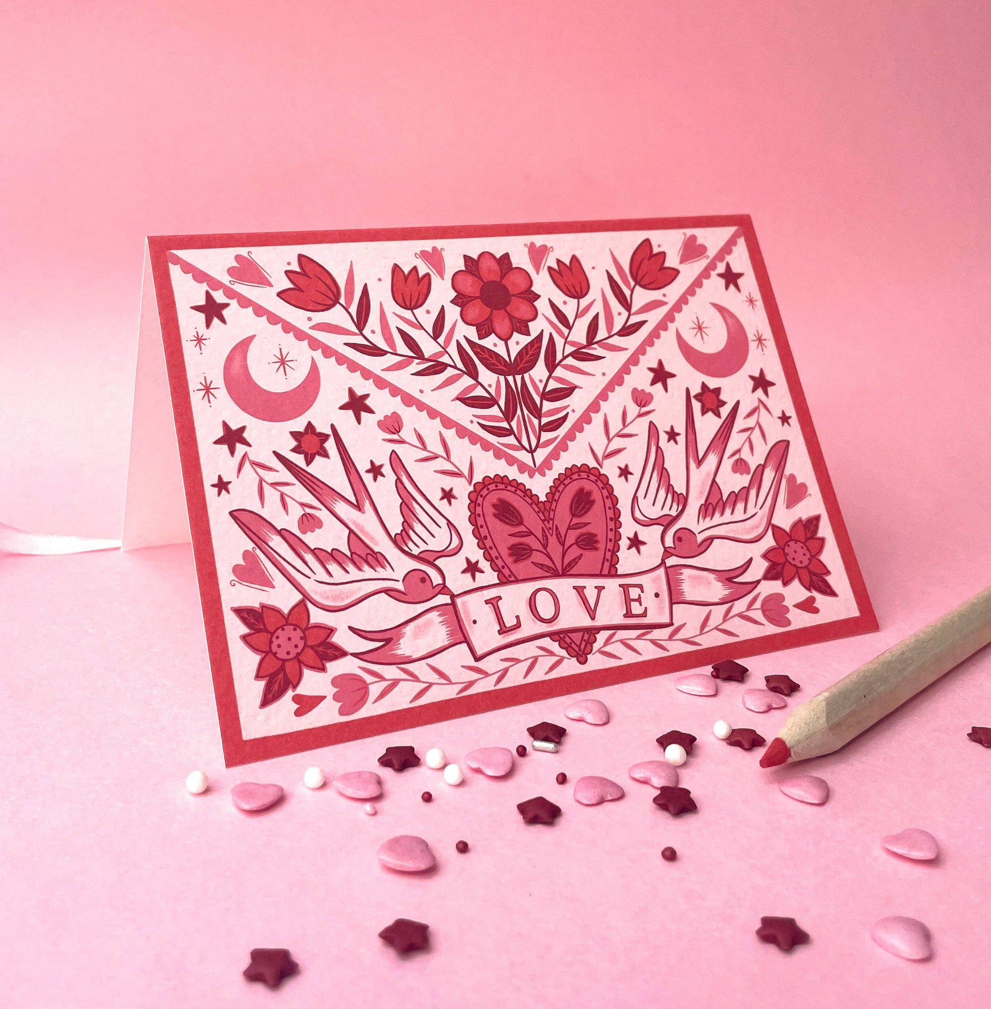 Folk Art Love everyday card in compostable cello sleeve