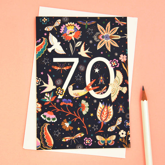 70th birthday card with bold and colourful number design, printed on sustainable 350gsm matt card with cream envelope and biodegradable cello wrap.