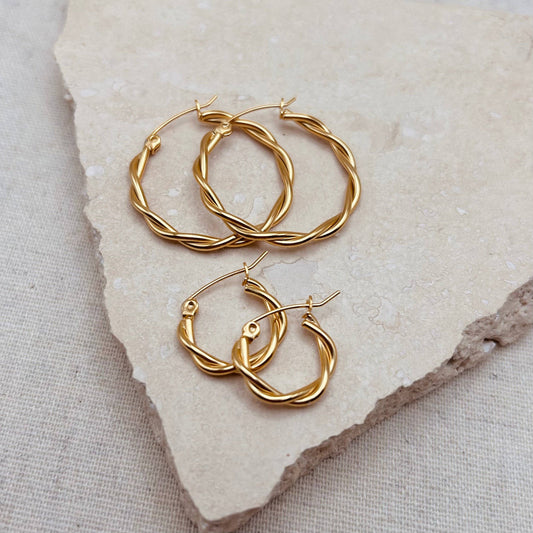 Everyday Twisted Gold Hoop Earrings in two sizes