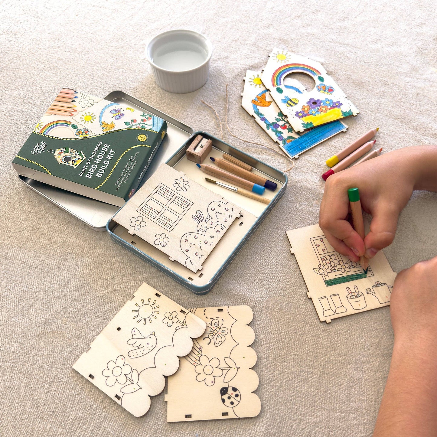 Close up of the pre-printed wooden panels for easy paint by numbers colouring
