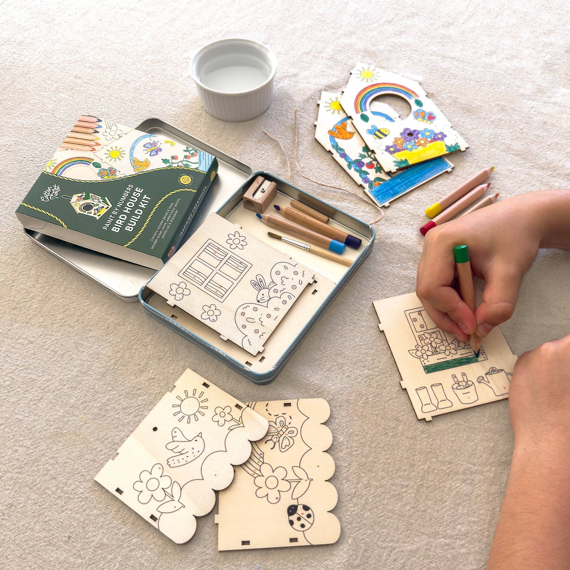 Close up of the pre-printed wooden panels for easy paint by numbers colouring