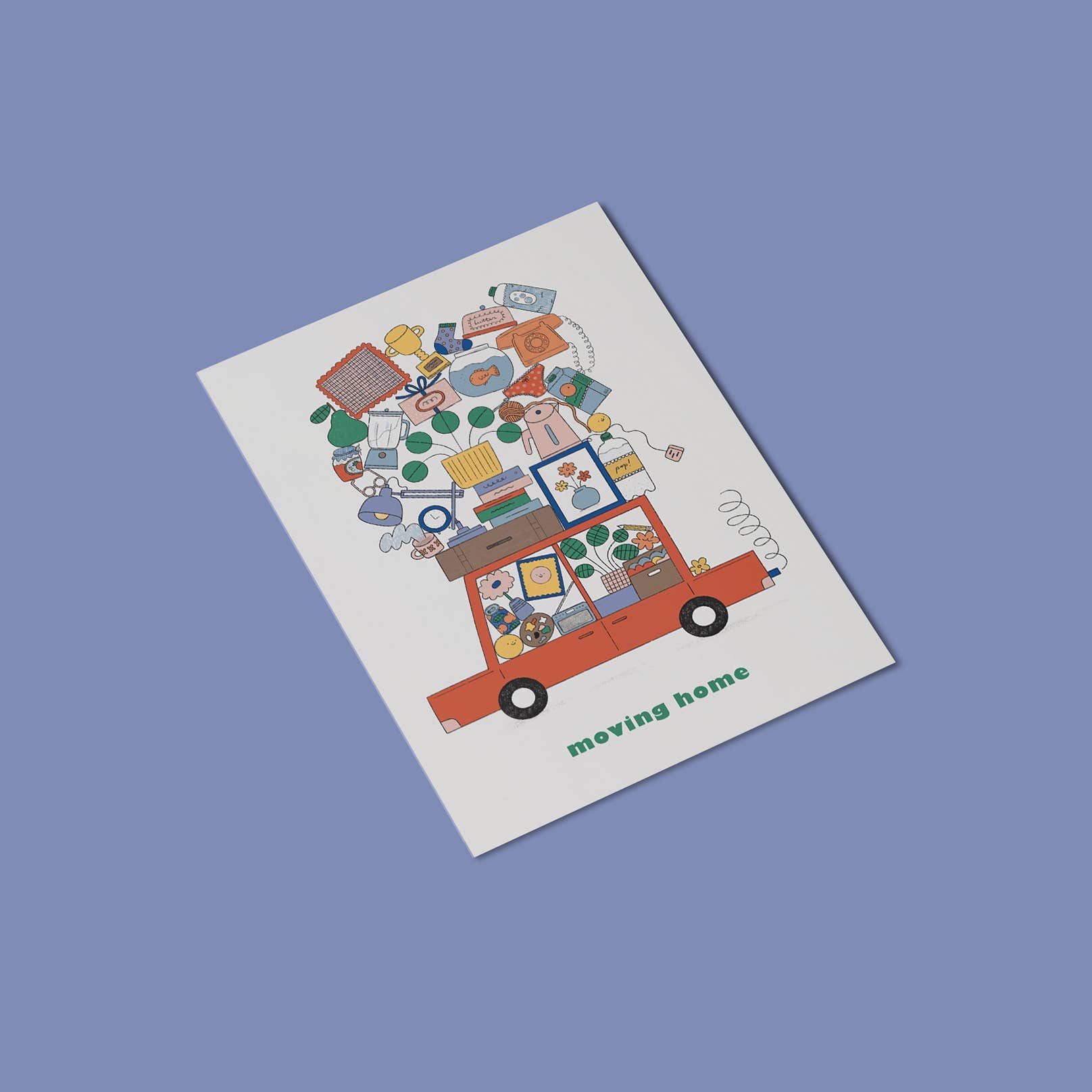 Moving Home Greetings Card by Holly Fuller, colourful car and boxes illustration, sustainably sourced 300gsm plastic-free card with kraft envelope, eco-friendly UK made greeting