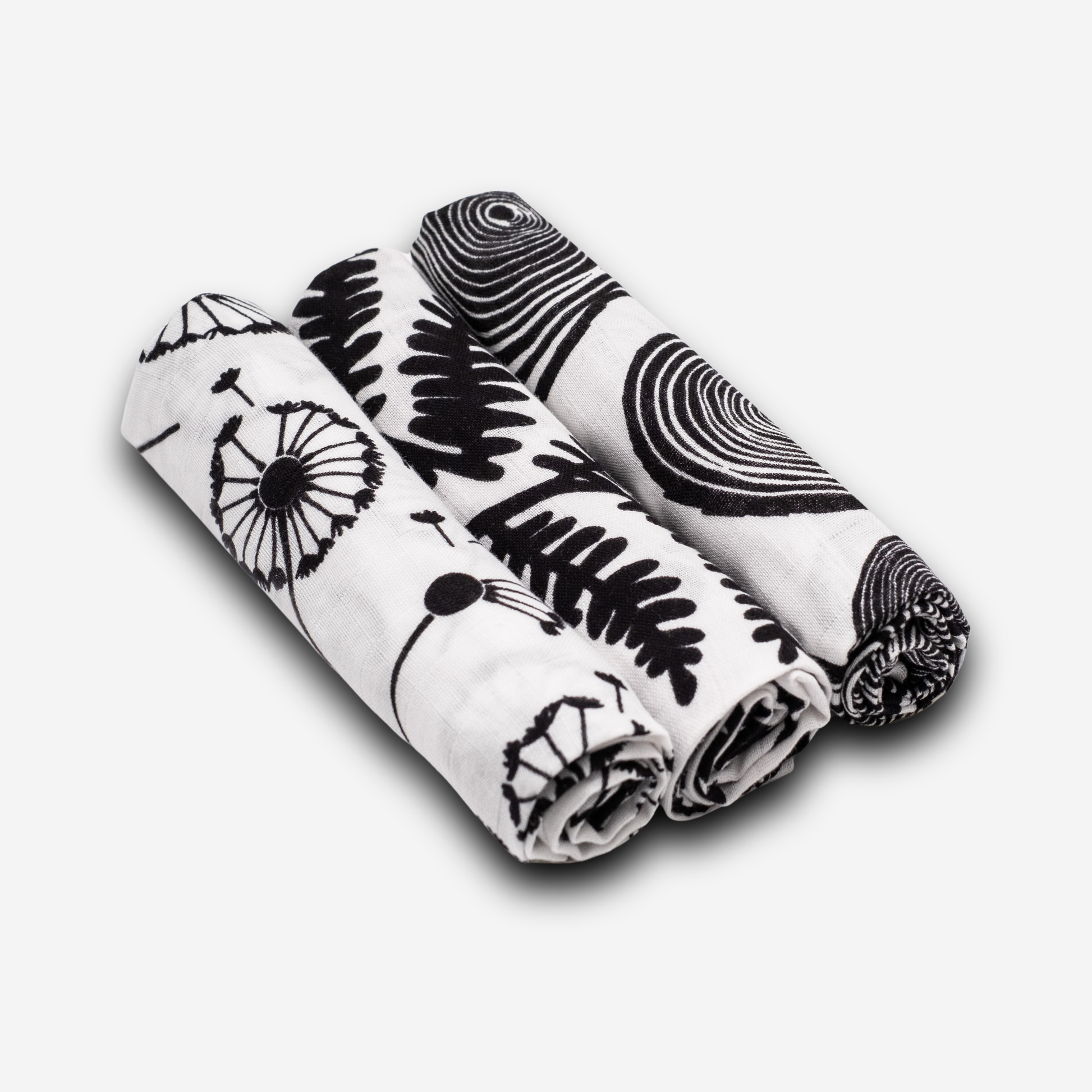Single GOTS organic cotton sensory muslin with black & white tree ring print