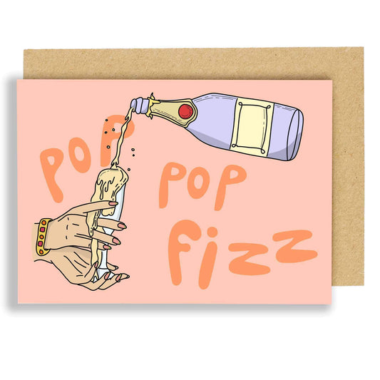 Pop Pop Fizz celebration greeting card with champagne bottle illustration