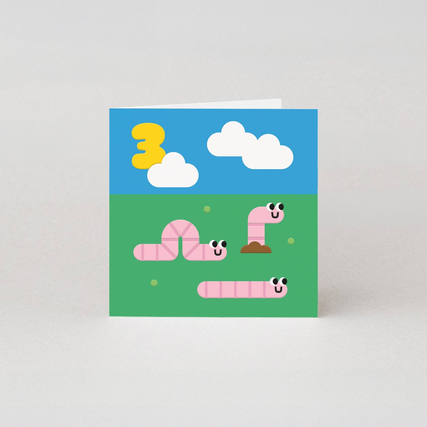 3rd Birthday Card featuring three worms and a red envelope