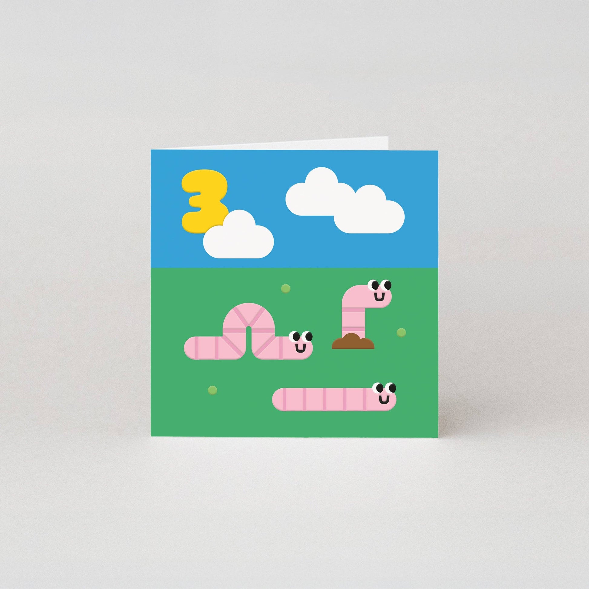 3rd Birthday Card featuring three worms and a red envelope