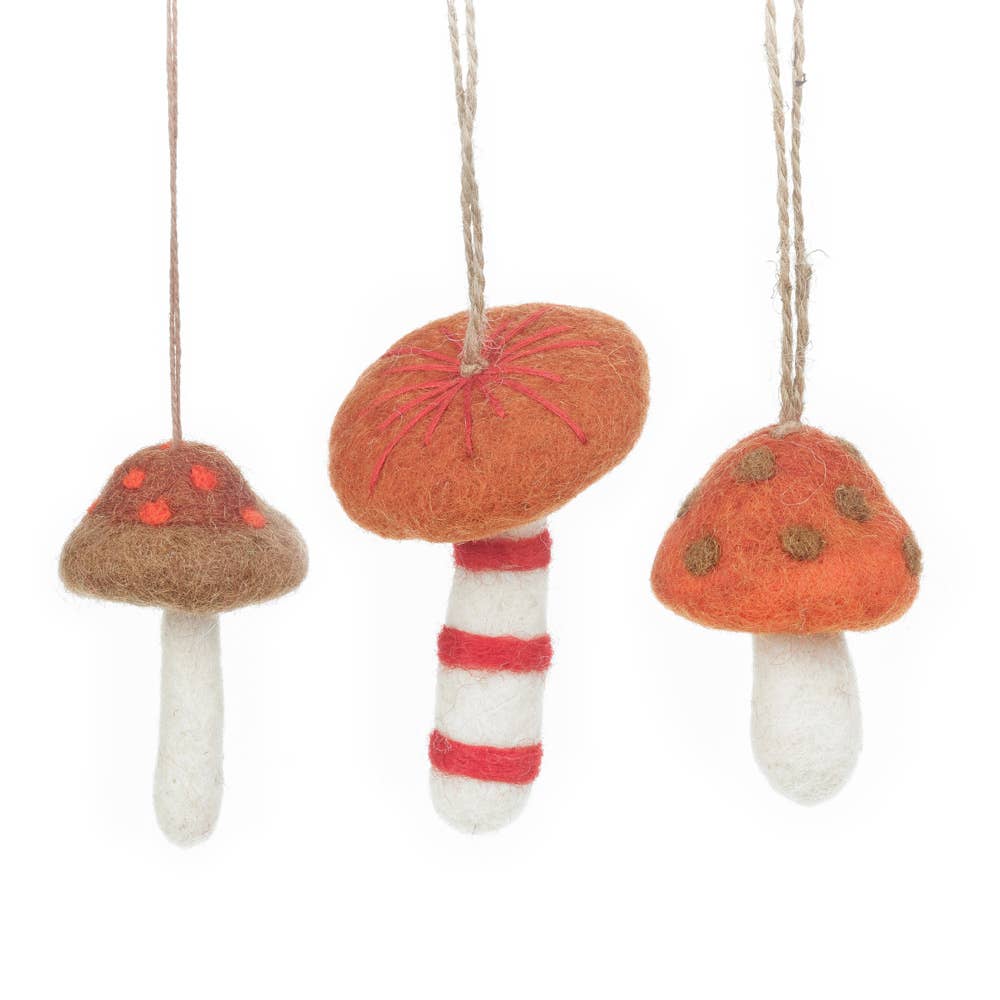 Artisan crafted felt autumn mushrooms in red and orange