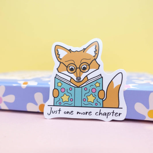 Sunshine Lane Just One More Chapter Maple Sticker, funny fox reading, waterproof matte vinyl, 5.5cm square.