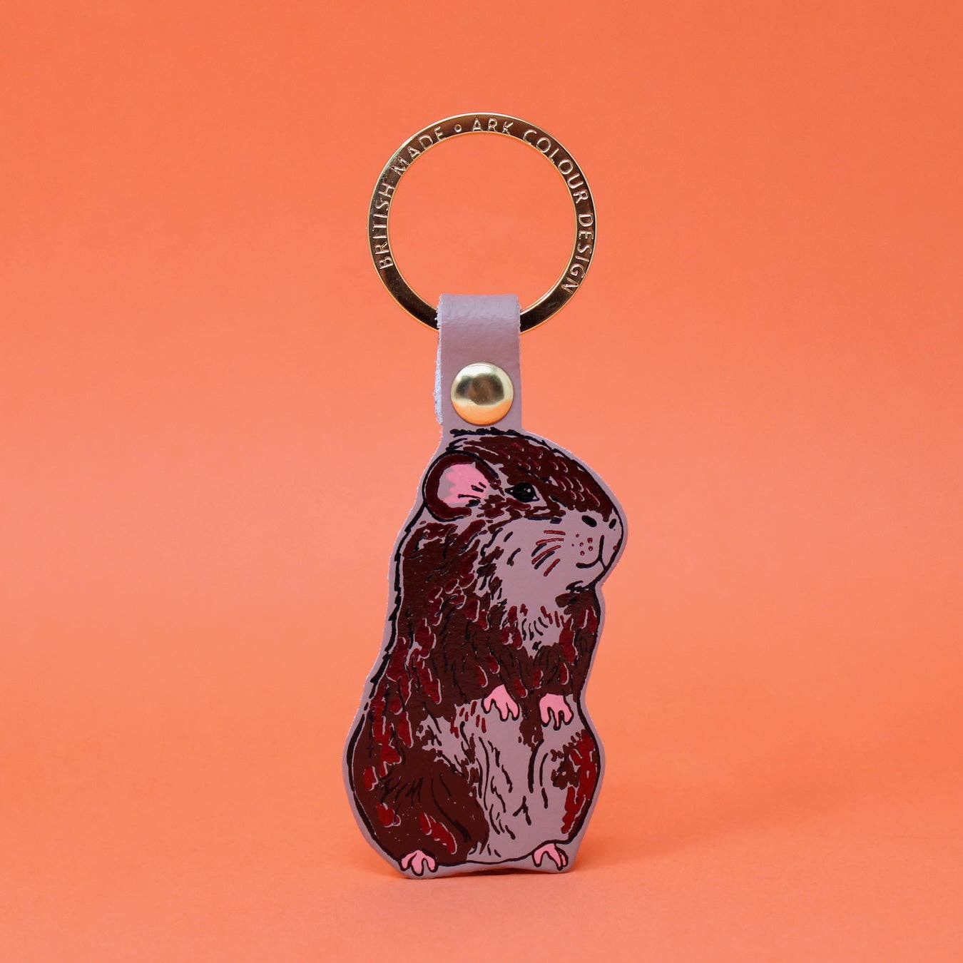 Front view of charming Guinea Pig Leather Keyring, UK made
