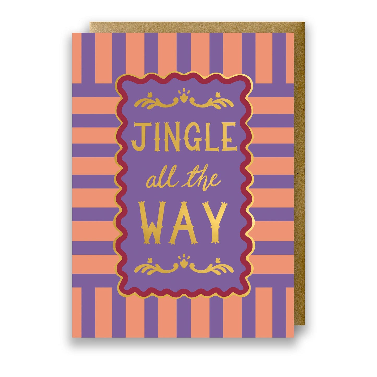 Jingle All The Way Modern Stripe Christmas Card with Gold Foil Details and Kraft Envelope