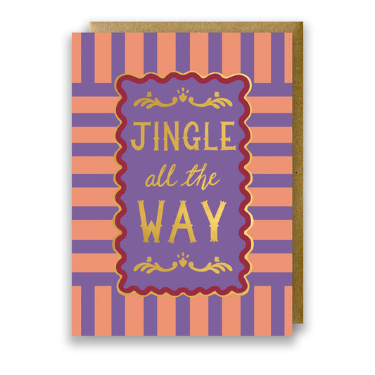Jingle All The Way Modern Stripe Christmas Card with Gold Foil Details and Kraft Envelope