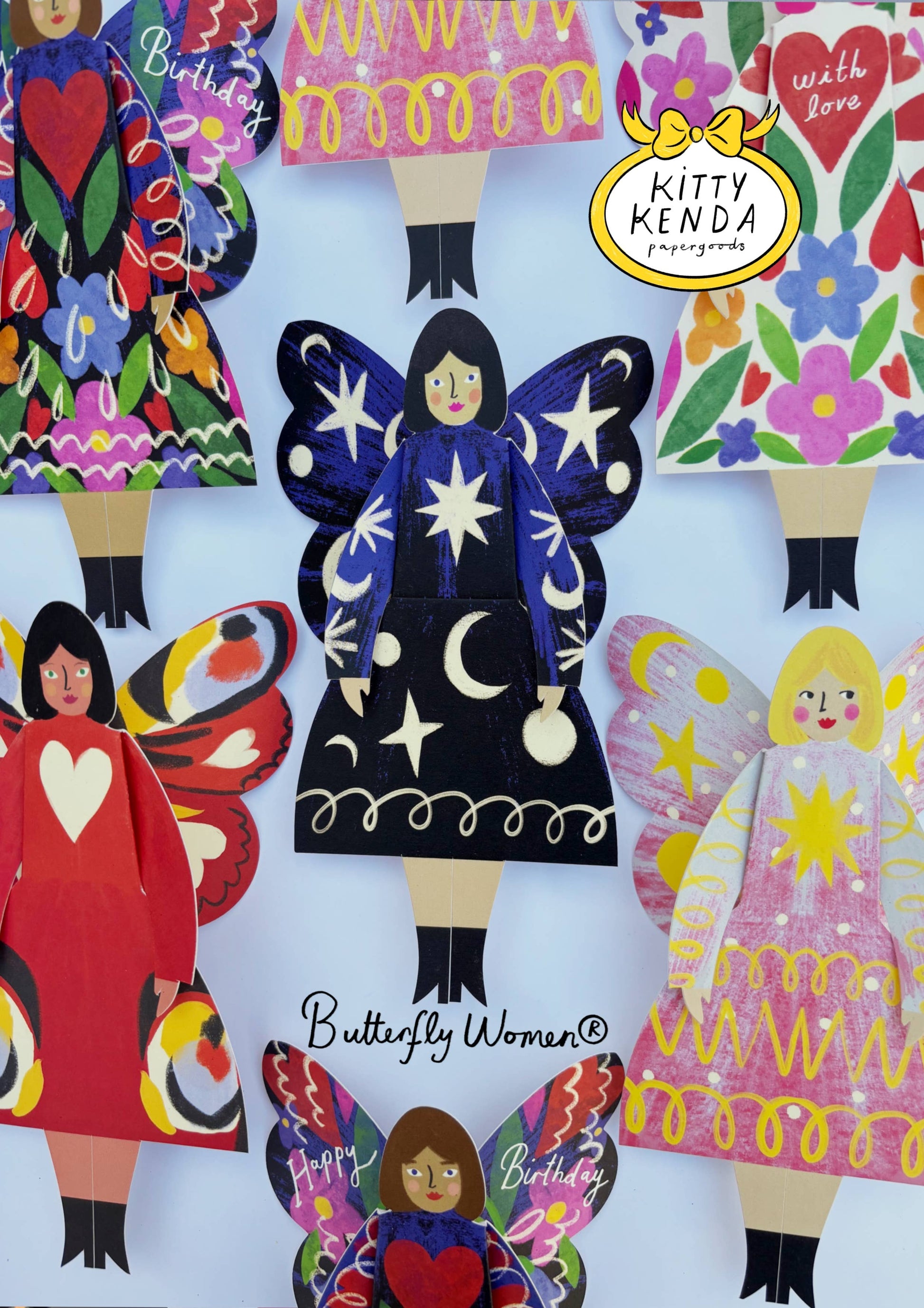 Butterfly Woman Sitting Greeting Card in Cosmic design, 3D foldable, Kitty Kenda Papergoods, UK-made
