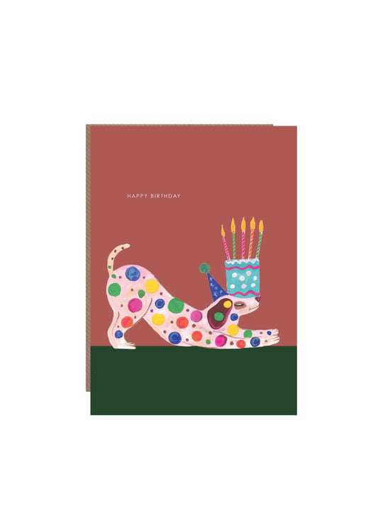 Hand-illustrated spotty dog and cake birthday card, “HAPPY BIRTHDAY” text, 5x7”, sustainable, UK made, with recycled kraft envelope.