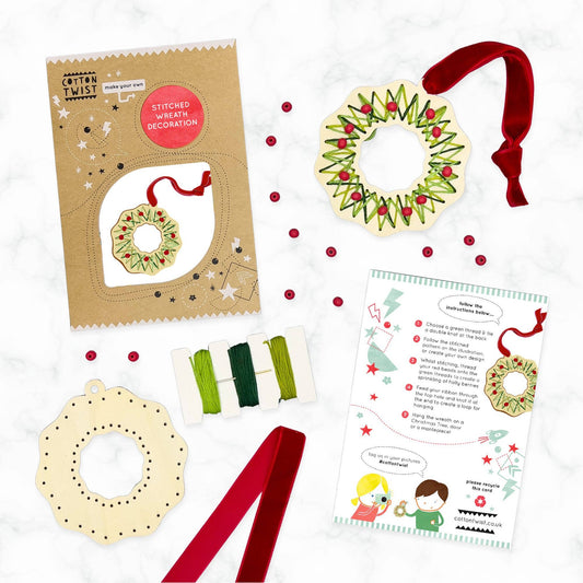 Cotton Twist stitched wreath decoration kit with sustainably certified wooden wreath and cotton thread
