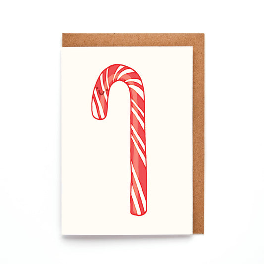 Mini Candy Cane card with red and white stripes, hand-drawn smiling design, UK-made sustainable 300gsm card, A7 size
