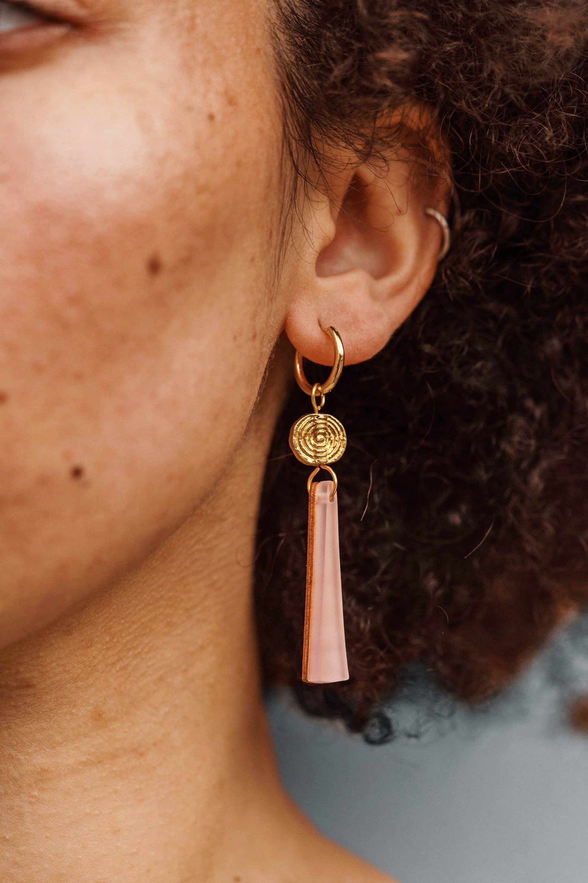 Power Drop Hoop Earrings by Pepper You – Handmade statement earrings in wood, acrylic & recycled brass, colourful sustainable jewellery gift in eco box.
