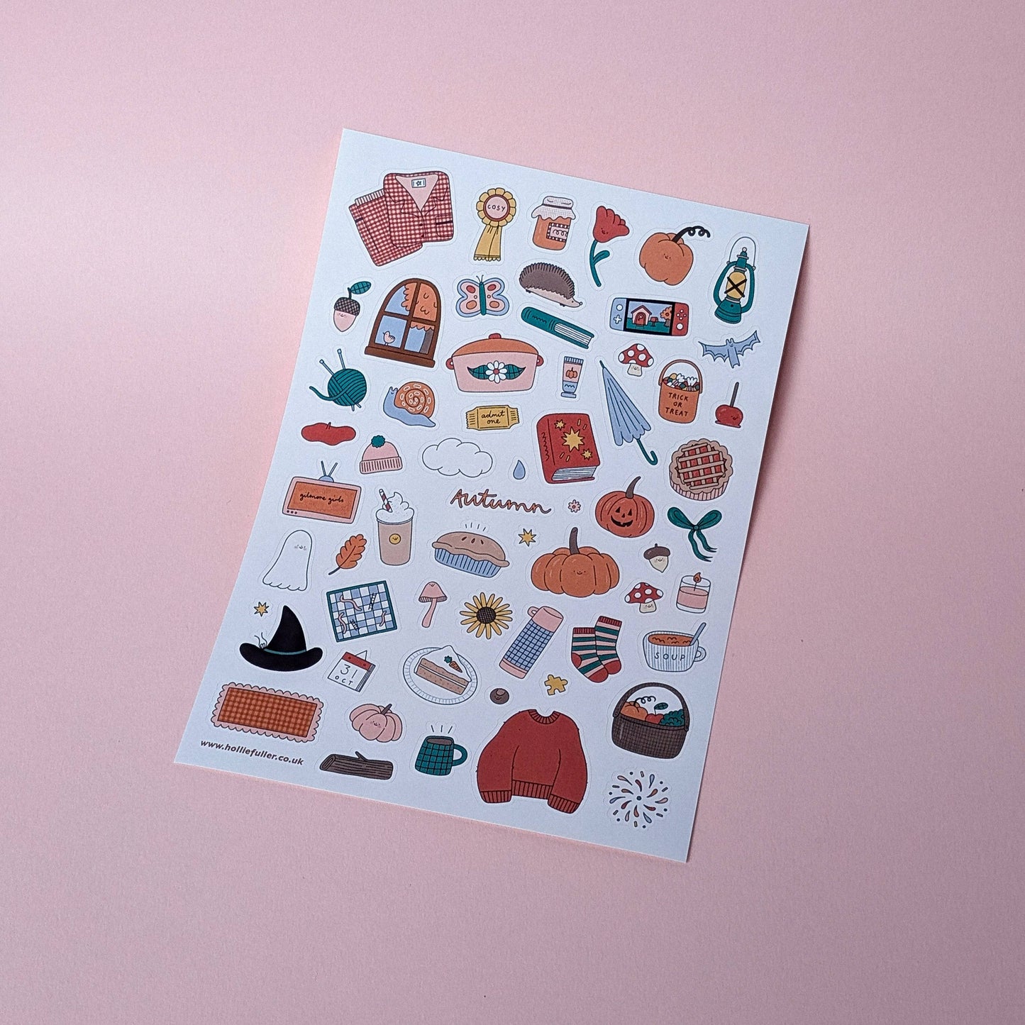 Autumn Sticker Sheet by Holly Fuller – 60+ waterproof vinyl stickers on A5 sheet, UK designed seasonal artwork perfect for scrapbooking, journaling, and eco-friendly crafts.