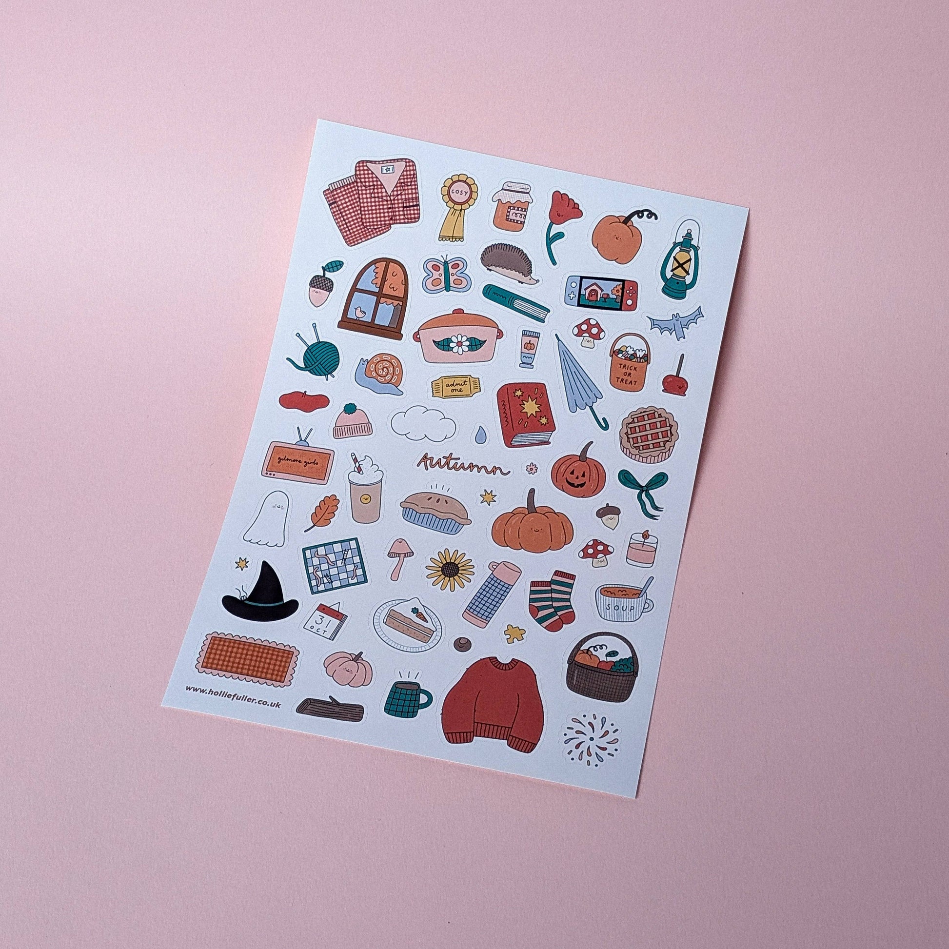 Autumn Sticker Sheet by Holly Fuller – 60+ waterproof vinyl stickers on A5 sheet, UK designed seasonal artwork perfect for scrapbooking, journaling, and eco-friendly crafts.