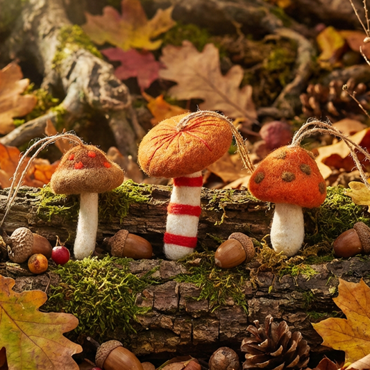 Handmade felt wild mushroom decorations set of 3
