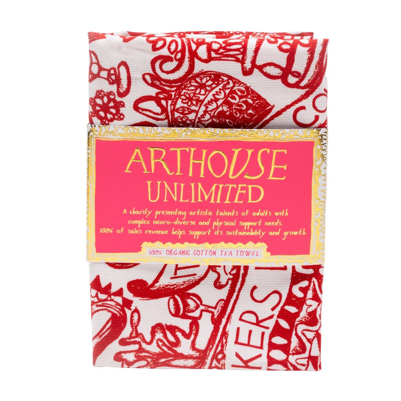 Love Is In The Air organic cotton tea towel by Arthouse Unlimited, featuring vibrant heart and bird artwork.