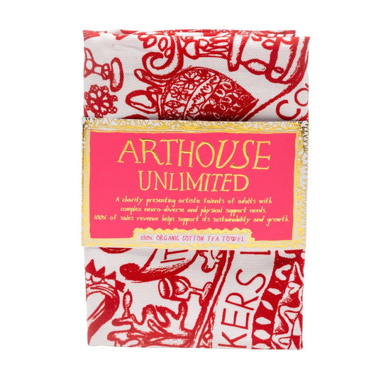Love Is In The Air organic cotton tea towel by Arthouse Unlimited, featuring vibrant heart and bird artwork.