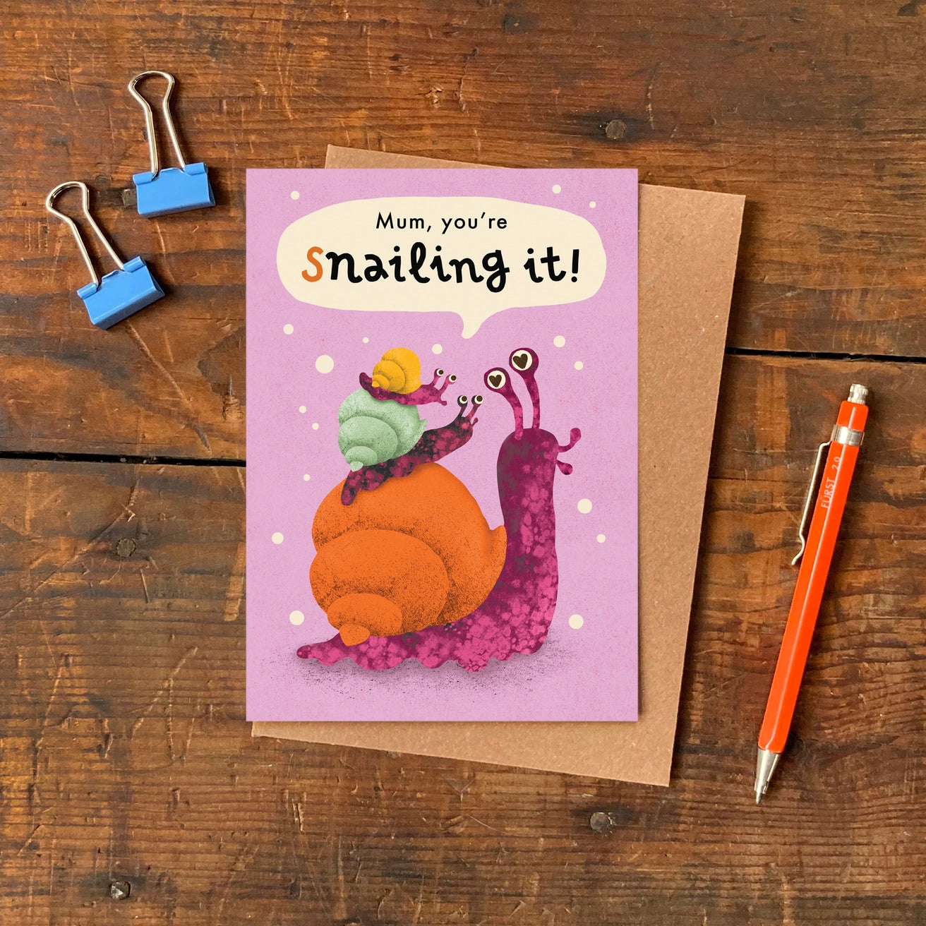 Eco-friendly Snail Mum Greeting Card with Recycled Kraft Envelope