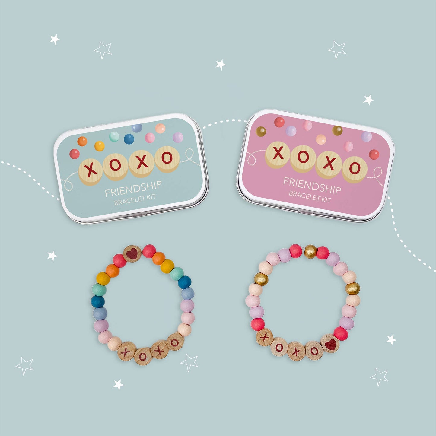 Cotton Twist Beaded XOXO Friendship Bracelet Gift Kit with wooden beads and elastic in tin