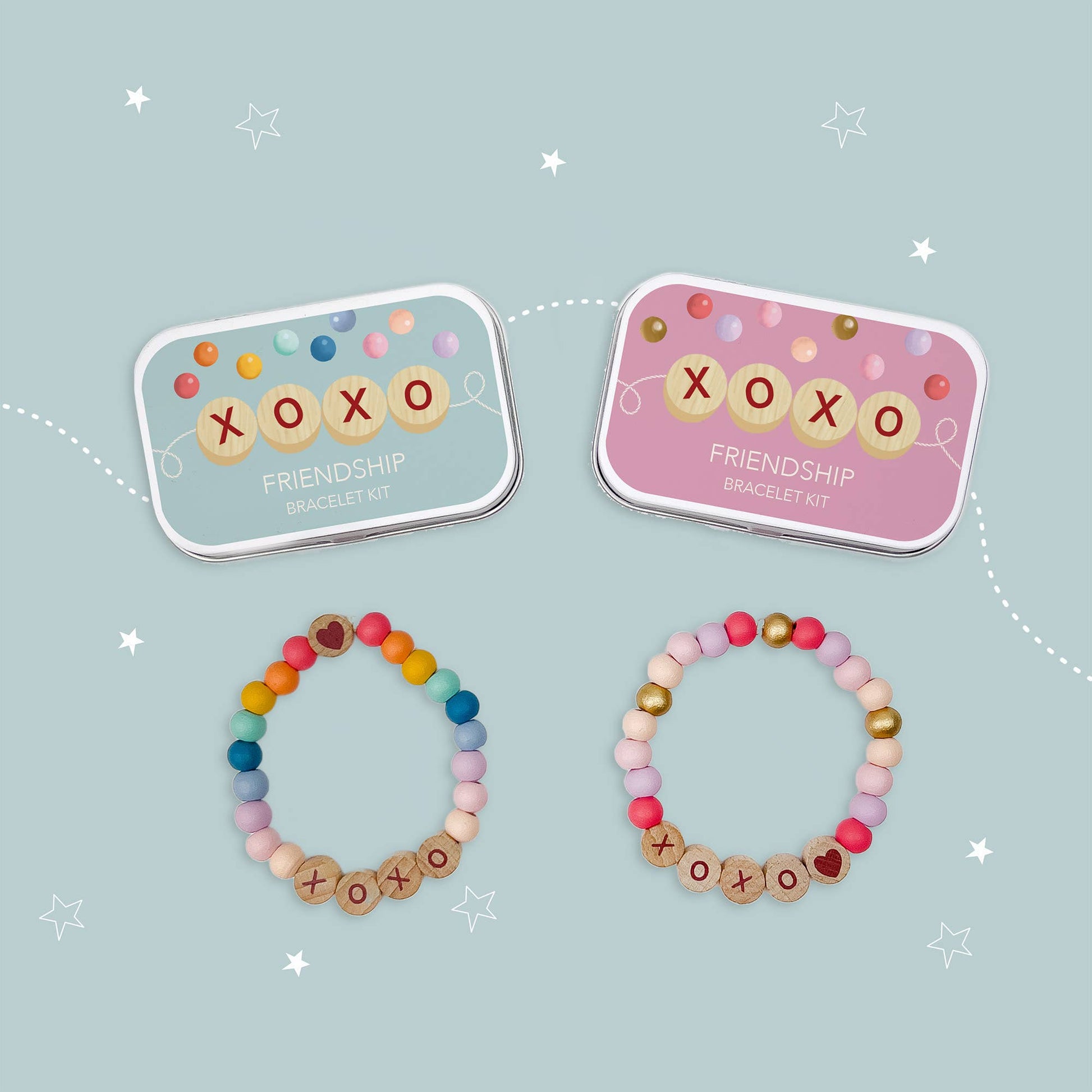 Cotton Twist Beaded XOXO Friendship Bracelet Gift Kit with wooden beads and elastic in tin