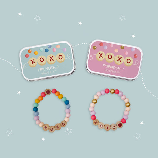 Cotton Twist Beaded XOXO Friendship Bracelet Gift Kit with wooden beads and elastic in tin