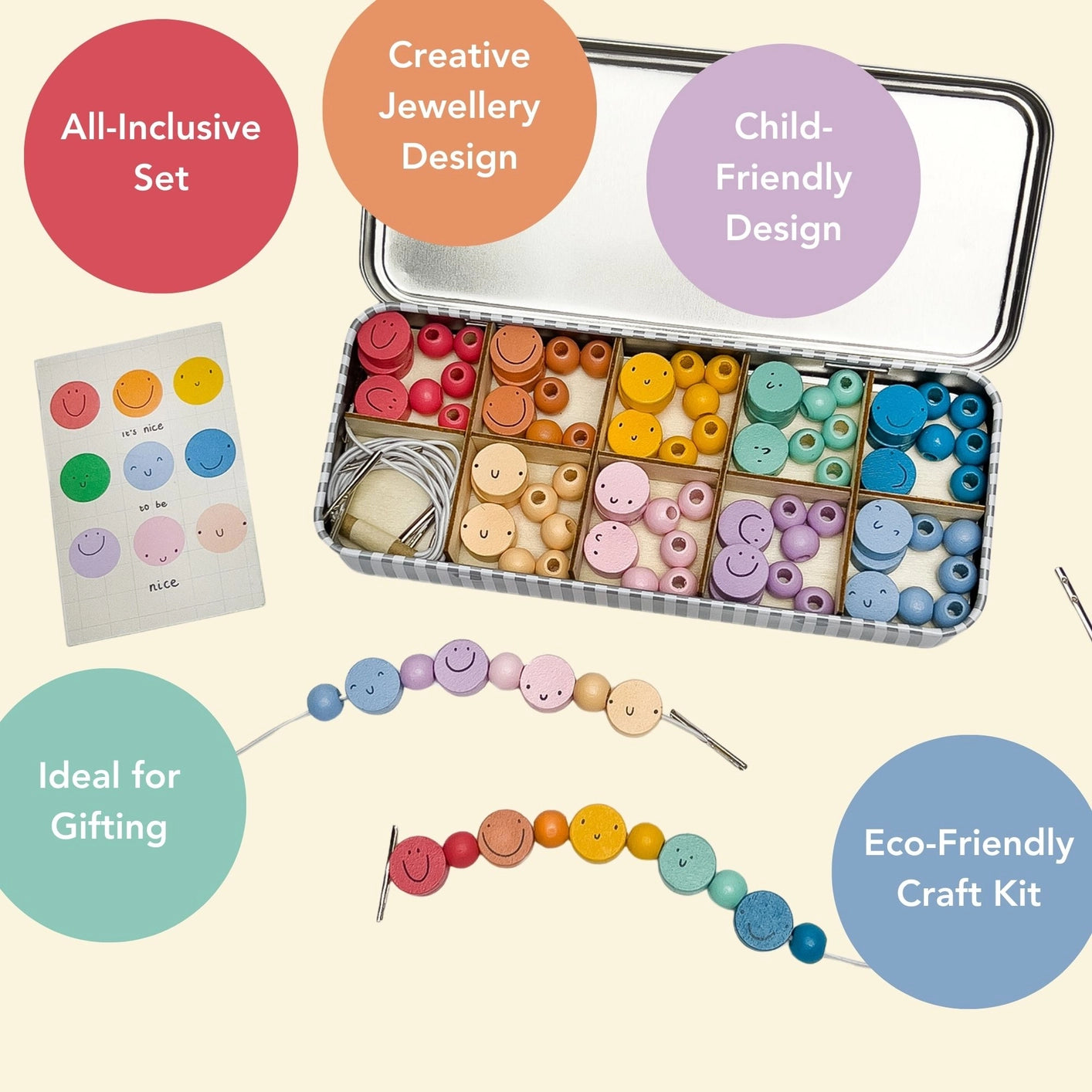 It's Nice To Be Nice bracelet kit for kids, plastic free, with smiley face wooden beads