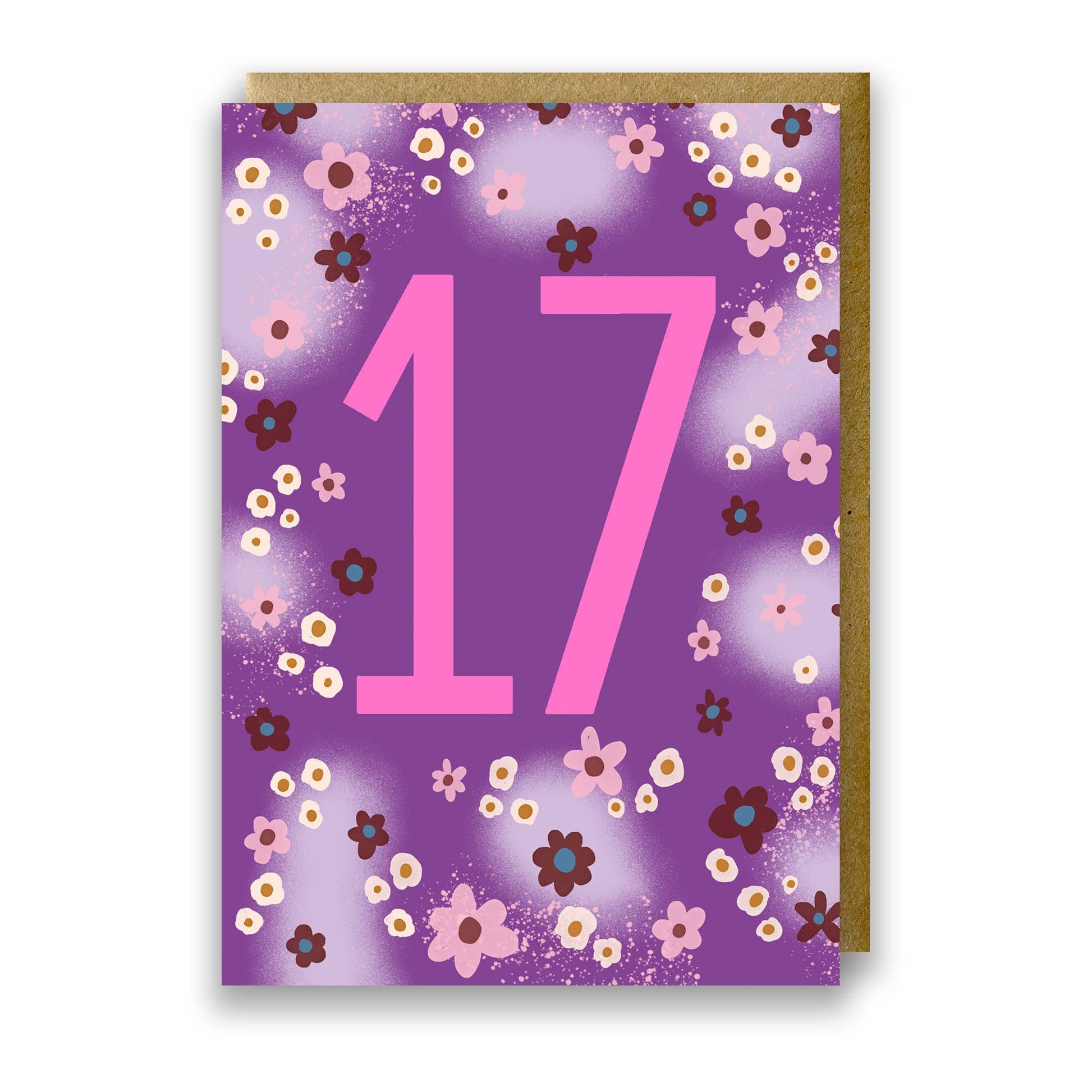 Neon Pink 17th Birthday Card with Floral Design