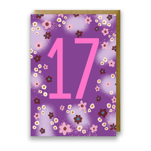Neon Pink 17th Birthday Card with Floral Design