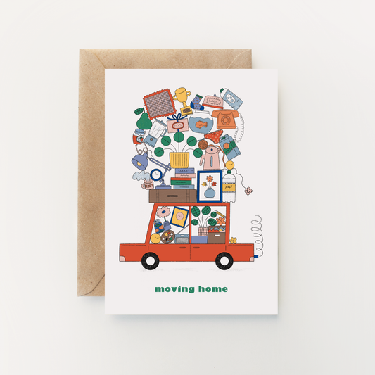 Moving Home Greetings Card by Holly Fuller, colourful car and boxes illustration, sustainably sourced 300gsm plastic-free card with kraft envelope, eco-friendly UK made greeting