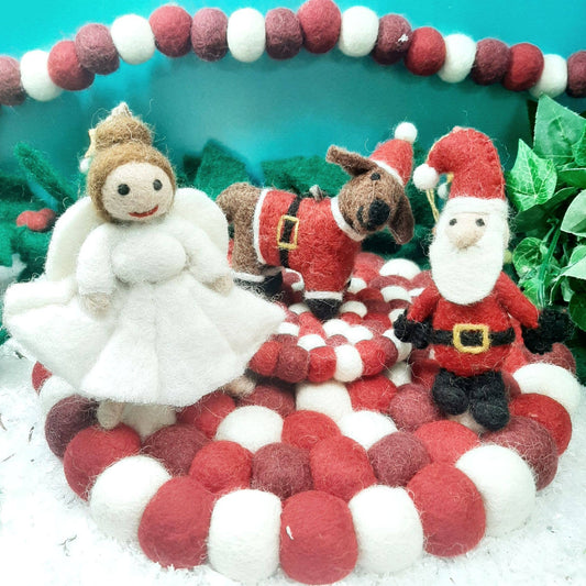 Handmade felt Christmas decoration set featuring mini Santa, Christmas angel, and festive dog, crafted from sustainable wool by Felt So Good.