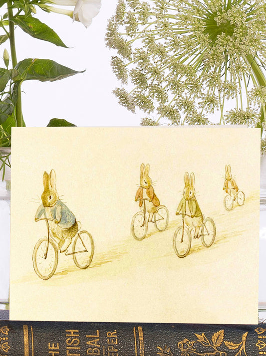 Vintage bunny in cardigan riding a bike greeting card