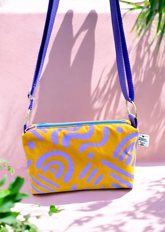 Handprinted on waxed canvas crossbody boxy bag