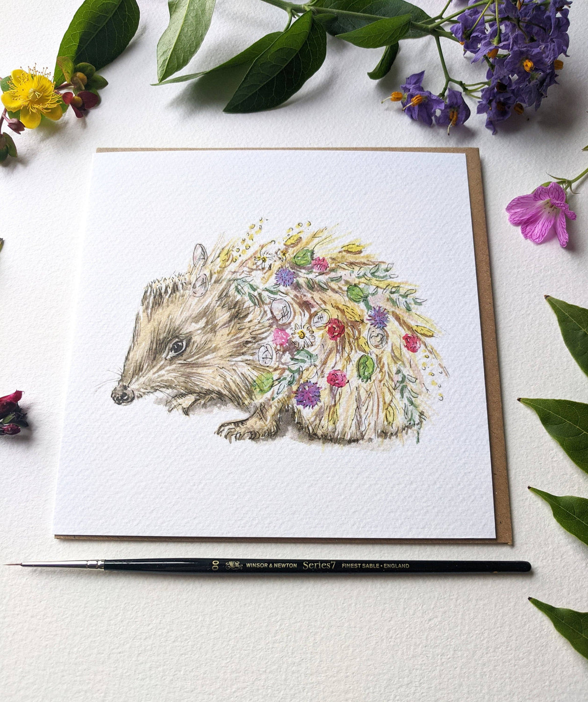 Hedgehog with Flowers Blank Greeting Card front view