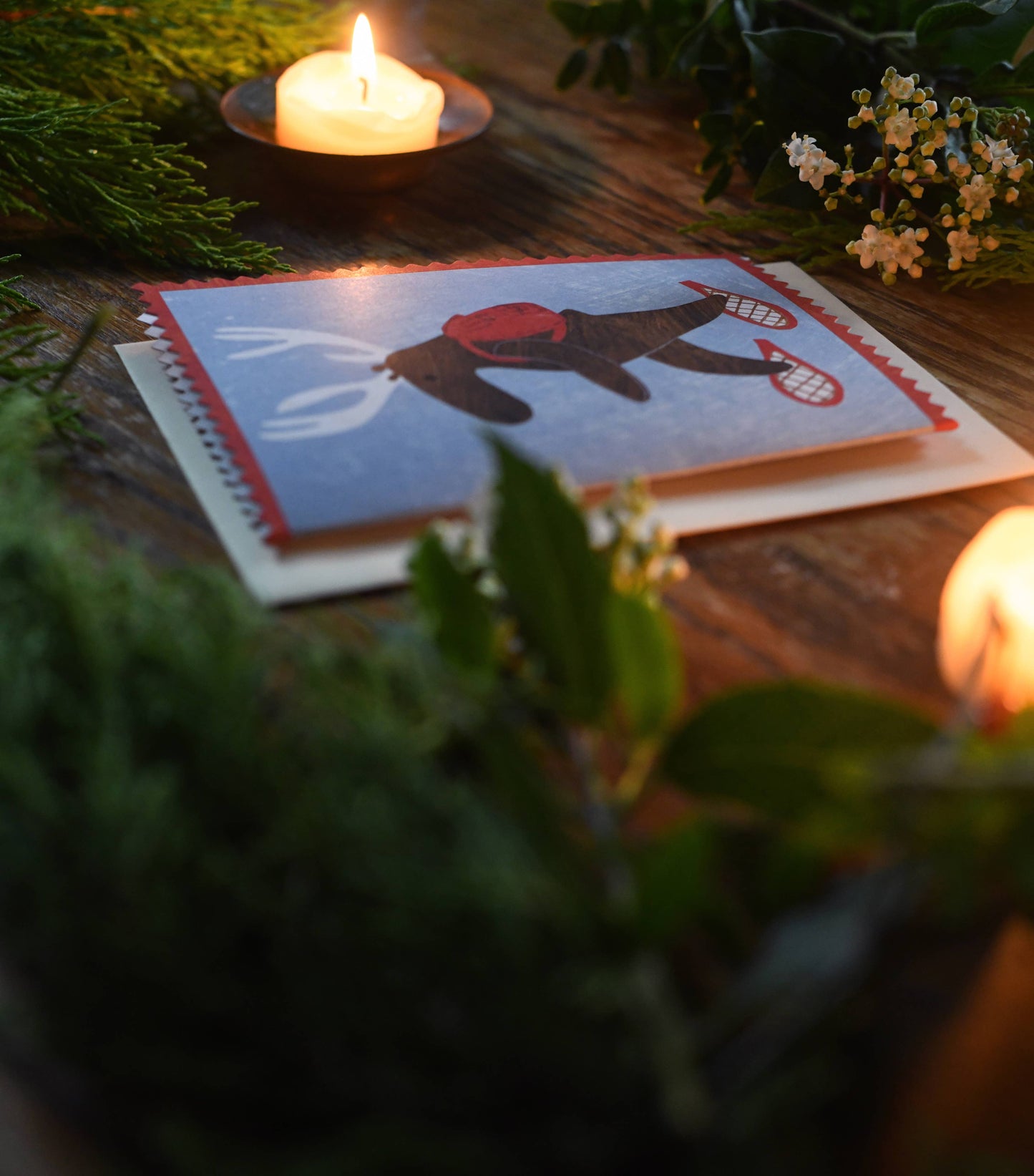 Snowshoeing deer Christmas card, UK made, sustainable greetings