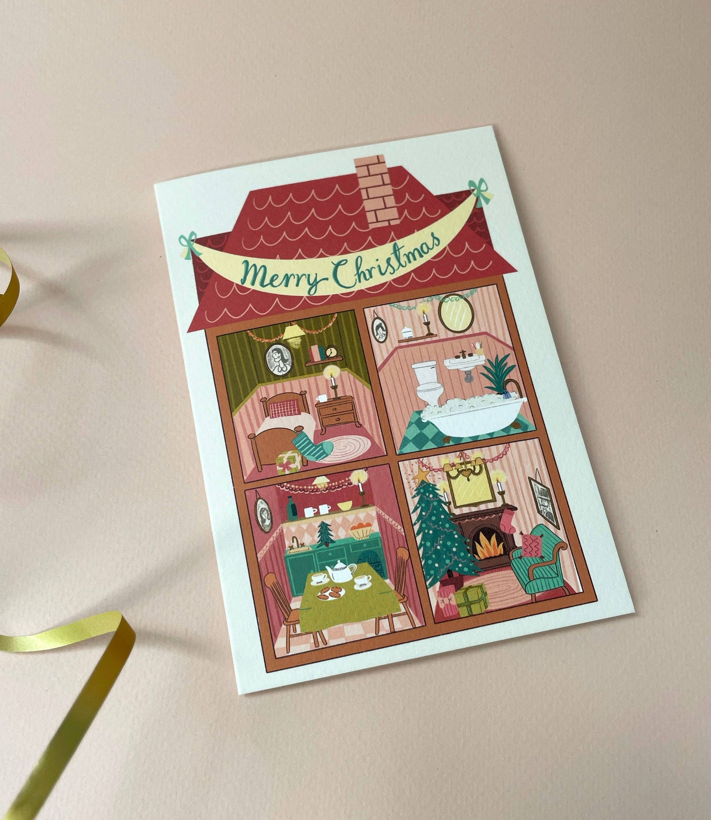 Back of the pink and green Christmas card showing eco-friendly credentials