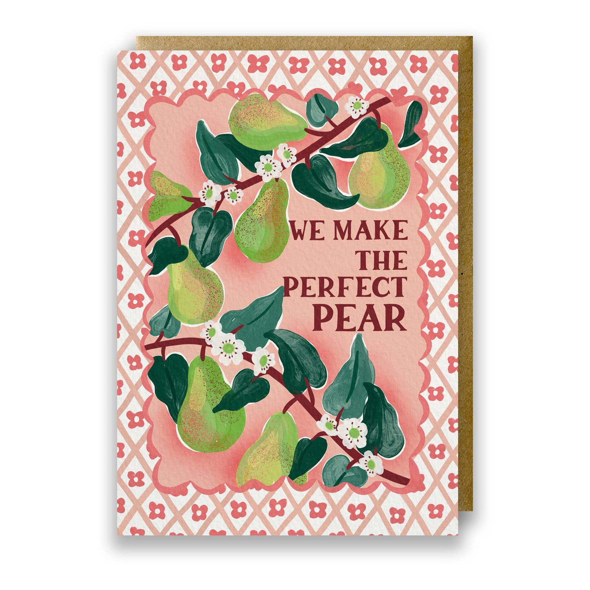 Valentine's Day card with 'We make the perfect pear' caption and Italian pear illustration