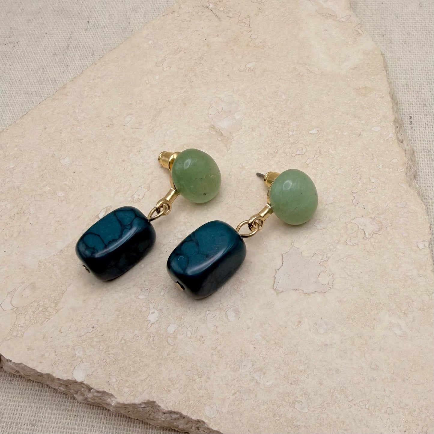 Stunning blue and green bead statement drop stud earrings