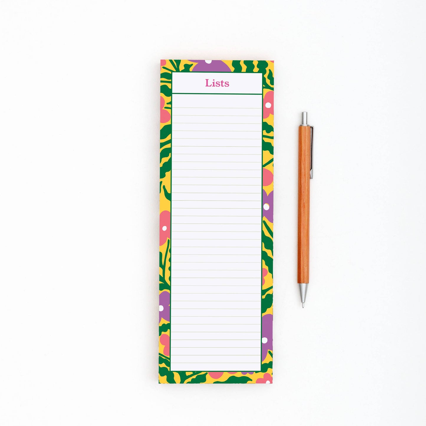 Studio Wald's lists pad has a healthy 60 pages giving plenty of note-taking space. The pad is produced here in Yorkshire using 100% recycled paper and hand glued. With a yellow border with pink and purple flowers