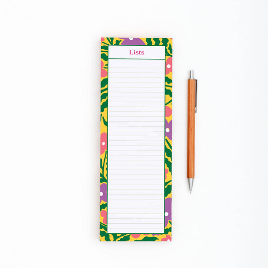 Studio Wald's lists pad has a healthy 60 pages giving plenty of note-taking space. The pad is produced here in Yorkshire using 100% recycled paper and hand glued. With a yellow border with pink and purple flowers
