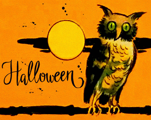 Madame Treacle vintage owl Halloween greeting card, eco-friendly, blank inside, 9x12cm, British made
