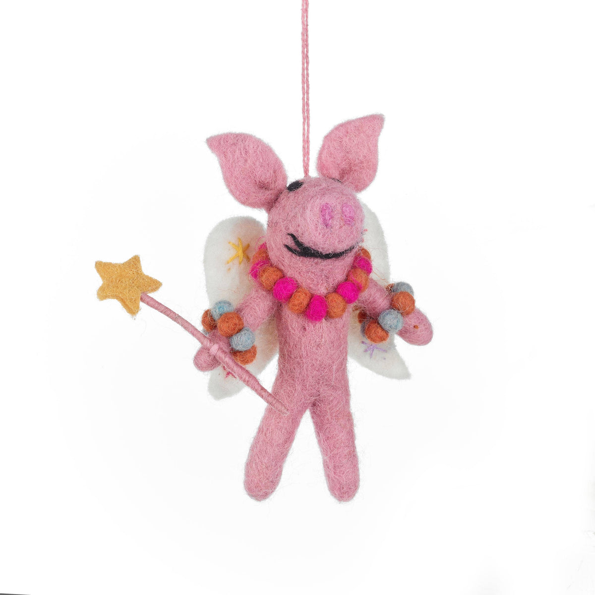 Close up of felt pig fairy featuring embroidered wings and bead necklace