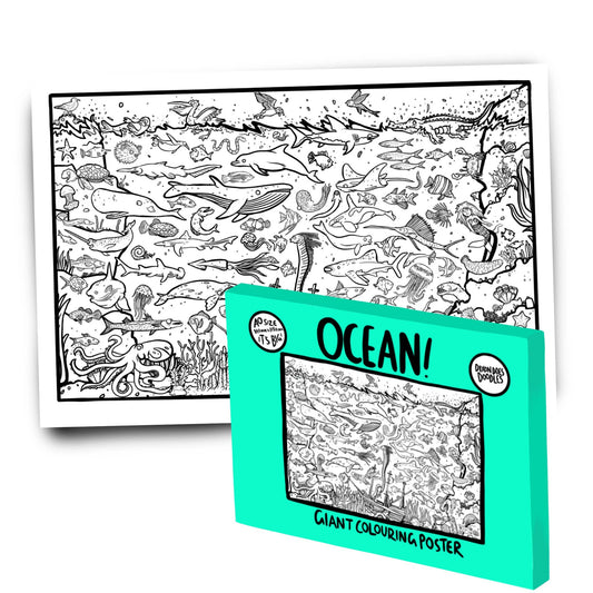 Ocean Giant Colouring In Poster by Dixon Does Doodles—A0, underwater scene, eco-friendly, 160gsm, folds to A4 box, UK made.